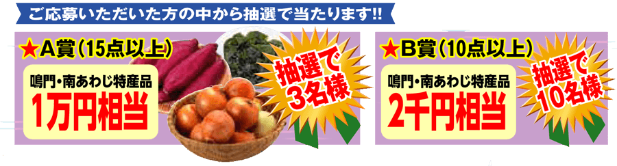 A賞 鳴門・南淡路特産品1万円相当/B賞 鳴門・南あわじ特産品2千円相当
