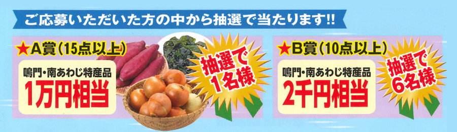 A賞 鳴門・南淡路特産品1万円相当/B賞 鳴門・南あわじ特産品2千円相当